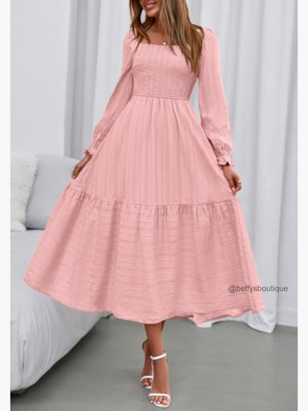 Square Neck Smocked Maxi Dress Long Sleeve Boho A-Line with Pockets - Picture 2 of 7